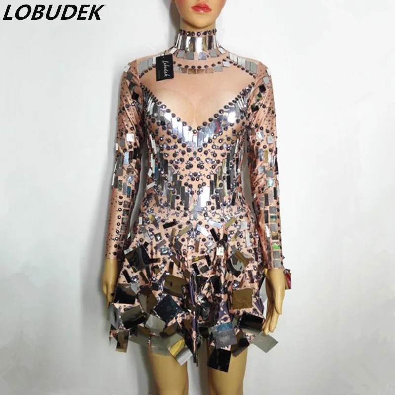 

Silver Sequins Crystals Short Dress Bright Mirrors Long Sleeve Mini Dress Singer Nightclub Bar Show DJ Jazz Performance Costume