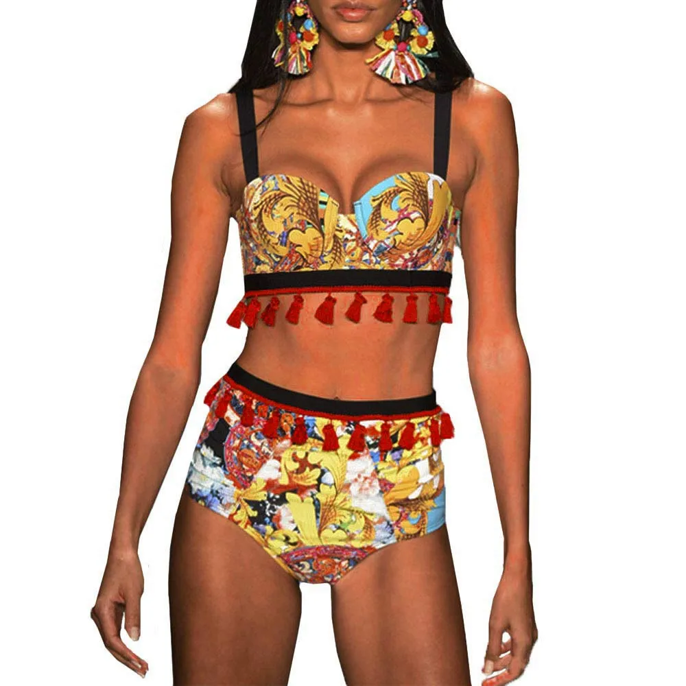

Female Split Swimsuit Bather Suit Swimwear Bikini Tassels Women Underwire Ethnic Folk-custom Sexy Plavky Tankini Biquini Maillot