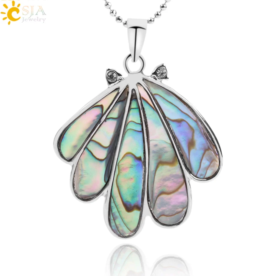 

CSJA 47x36mm Natural Colorful Abalone Shell Pendant Necklace Rhinestone Fan Leaf Shape Flat Back Bead for Women DIY Jewelry F035