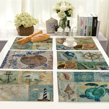 

1Pcs Sea Turtle Anchor Pattern Kitchen Placemat Table Mat Drink Coaster Cotton Linen Pad Dish Cup Mat 42*32cm Home Decor MS0024