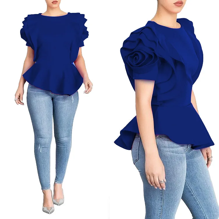 

2018 New Fashion Big Ruffles Short Sleeve Women Tops Solid Office Lady Blouses Shirts Red White Blue Black