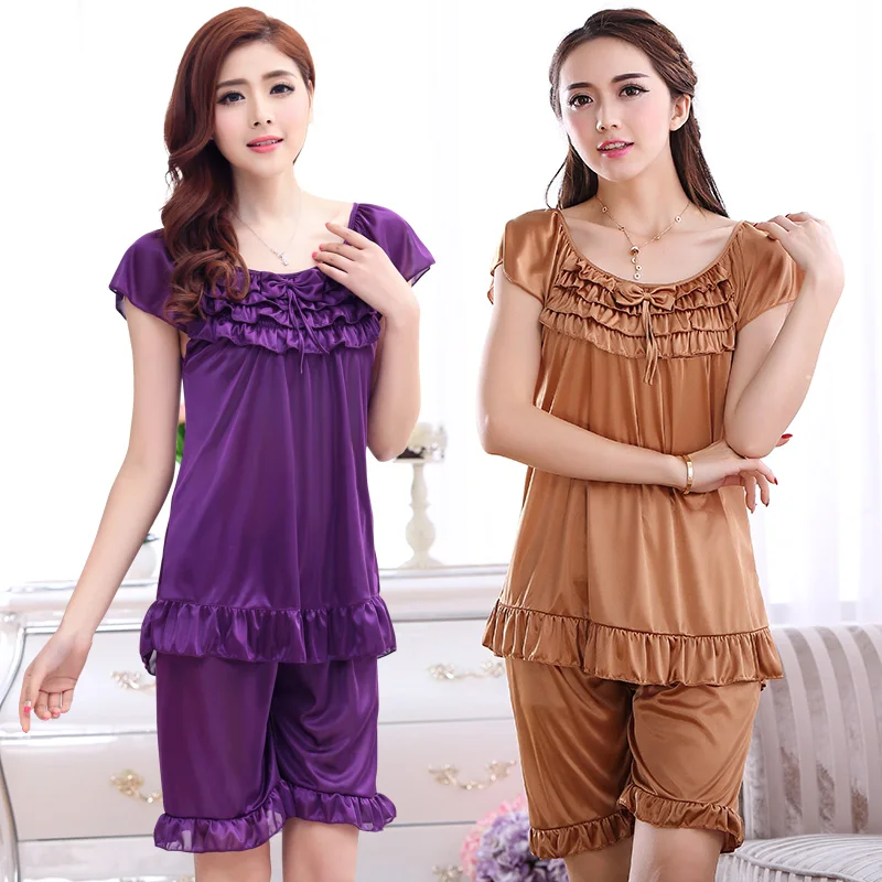 

Sleepwear Female Summer Ice Silk Two-piece Large Size Mid-aged Mother's Home Clothing Simulated Silk Short Sleeve Suit