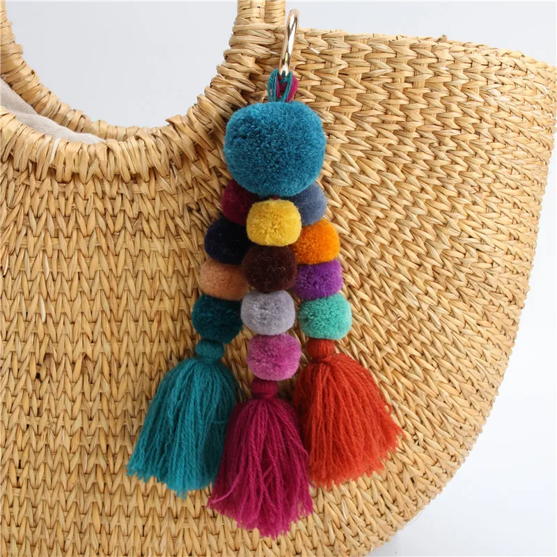 1pc Bohemian Accessories Handmade Keychain Beads Chain Pompom Hand Bag 4