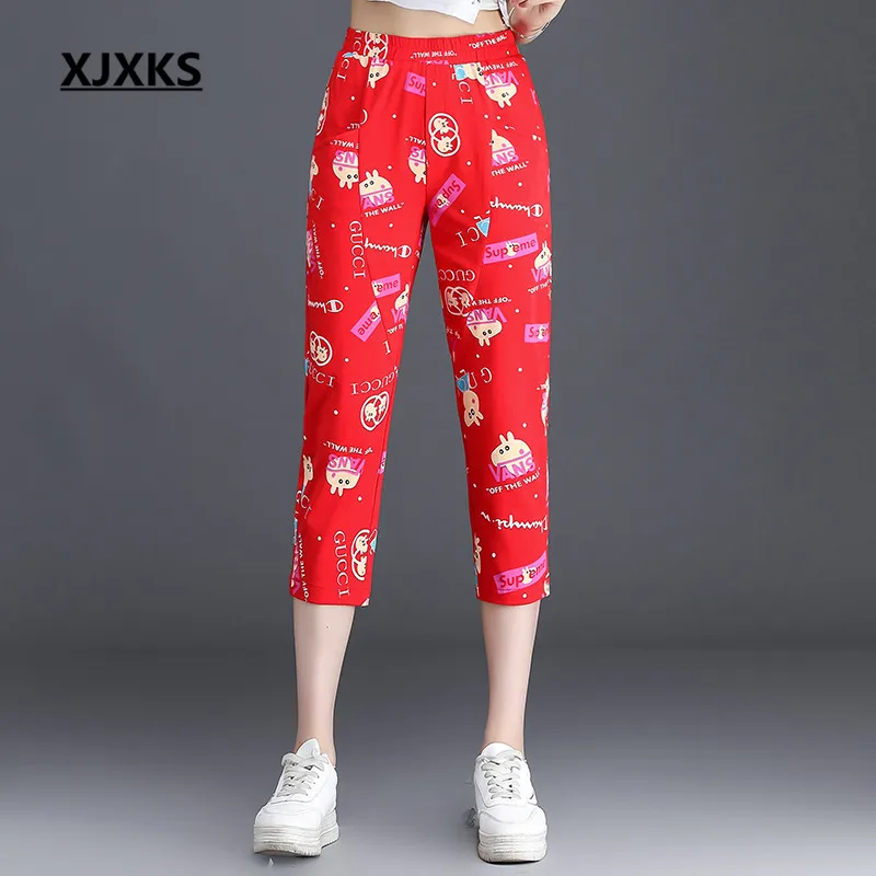 

XJXKS 2019 summer new fashion cartoon printing women's cropped trousers loose plus size casual elastic waist women's pants
