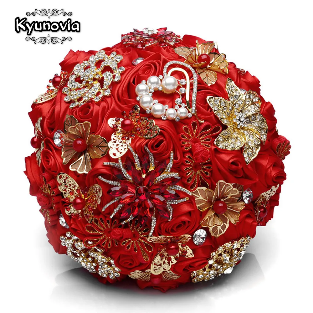 

Kyunovia Red Wedding Brooch Bouquets Gold Jewelry Bridal Flower ramos de novia Rhinestone Brooches Crystal Wedding Bouquet FE101