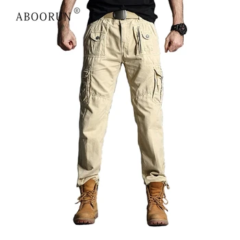 

ABOORUN Men's Military Tactical Pants Multi Pockets Cargo Pants Plus Size 40 Pure Cotton Long Trousers for Male R920