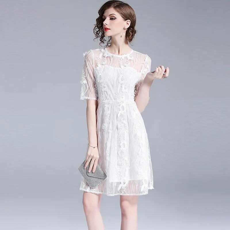 Elegant White Jacquard Lace Short Sleeve Dress Women Summer Tulles See ...