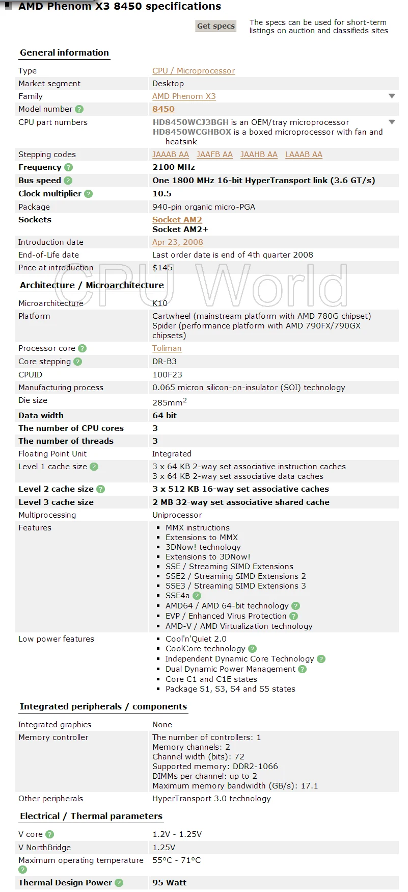 Процессор AMD Phenom II X3 8450 cpu 2,1G Socket AM2 AM2+ 940pin трехъядерный/2 MB L3 кэш б/у