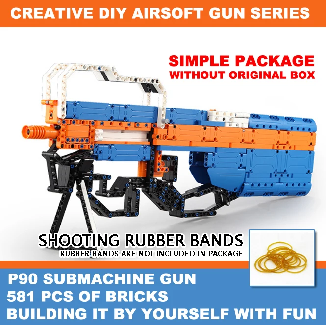 

Building Blocks Guns,Rubber Band Shooting Gun,DIY Building Air-soft Gun Toys for Kids,P90 Submachine Gun Model,(No Original Box)
