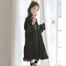 Школьная одежда из хлопка и льна; длинное платье принцессы для девочек; черные детские платья с длинными рукавами; свободная одежда для малышей