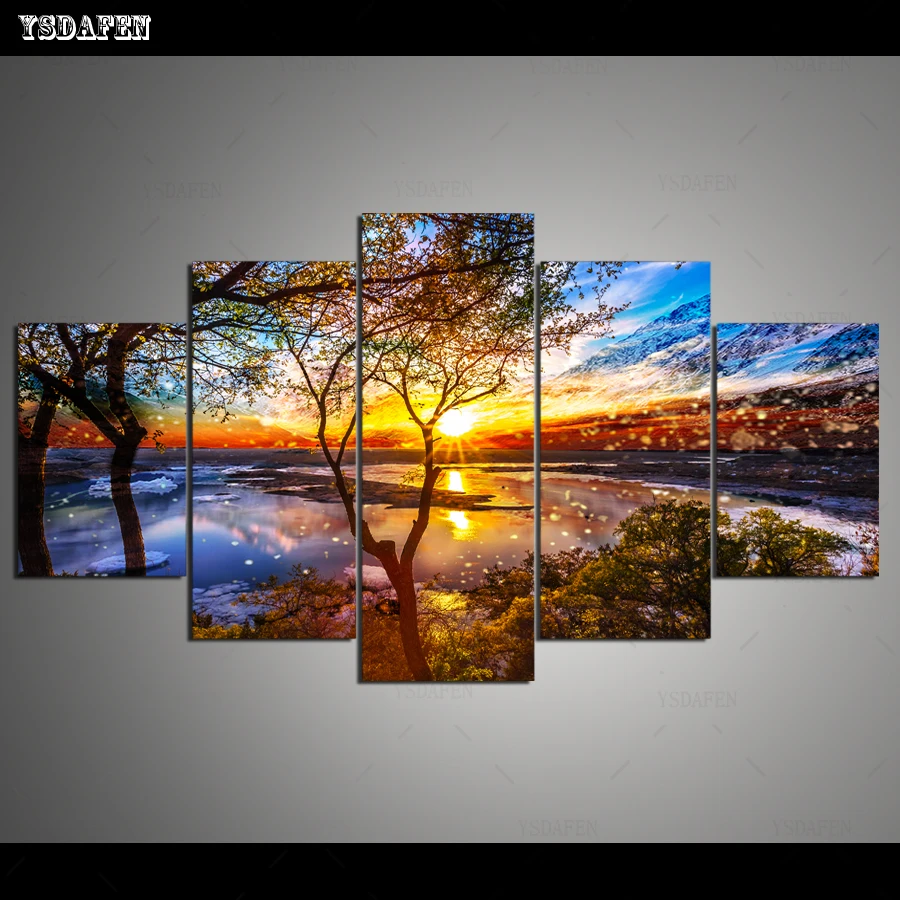

Drop Shipping HD 5 panel Canvas Art Scenery painting panther mountain Poster Picture For Living Room