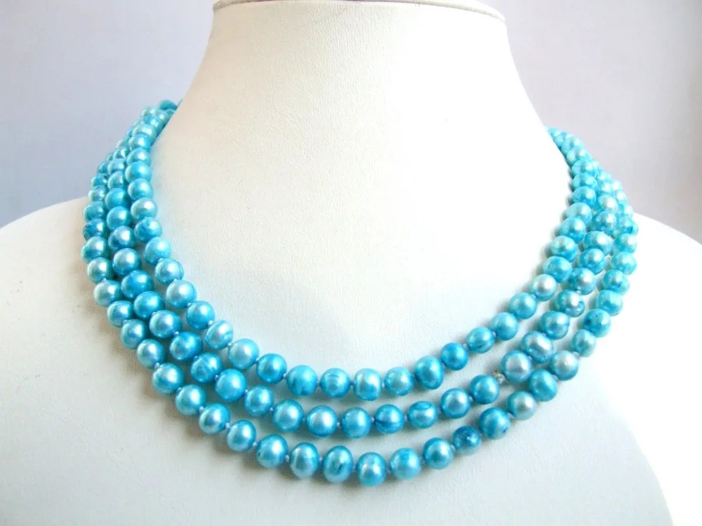 

FREE SHIPPING HOT sell new Style >>>>48" blue near round screw freshwater pearl everyday bib necklace 6-7mm