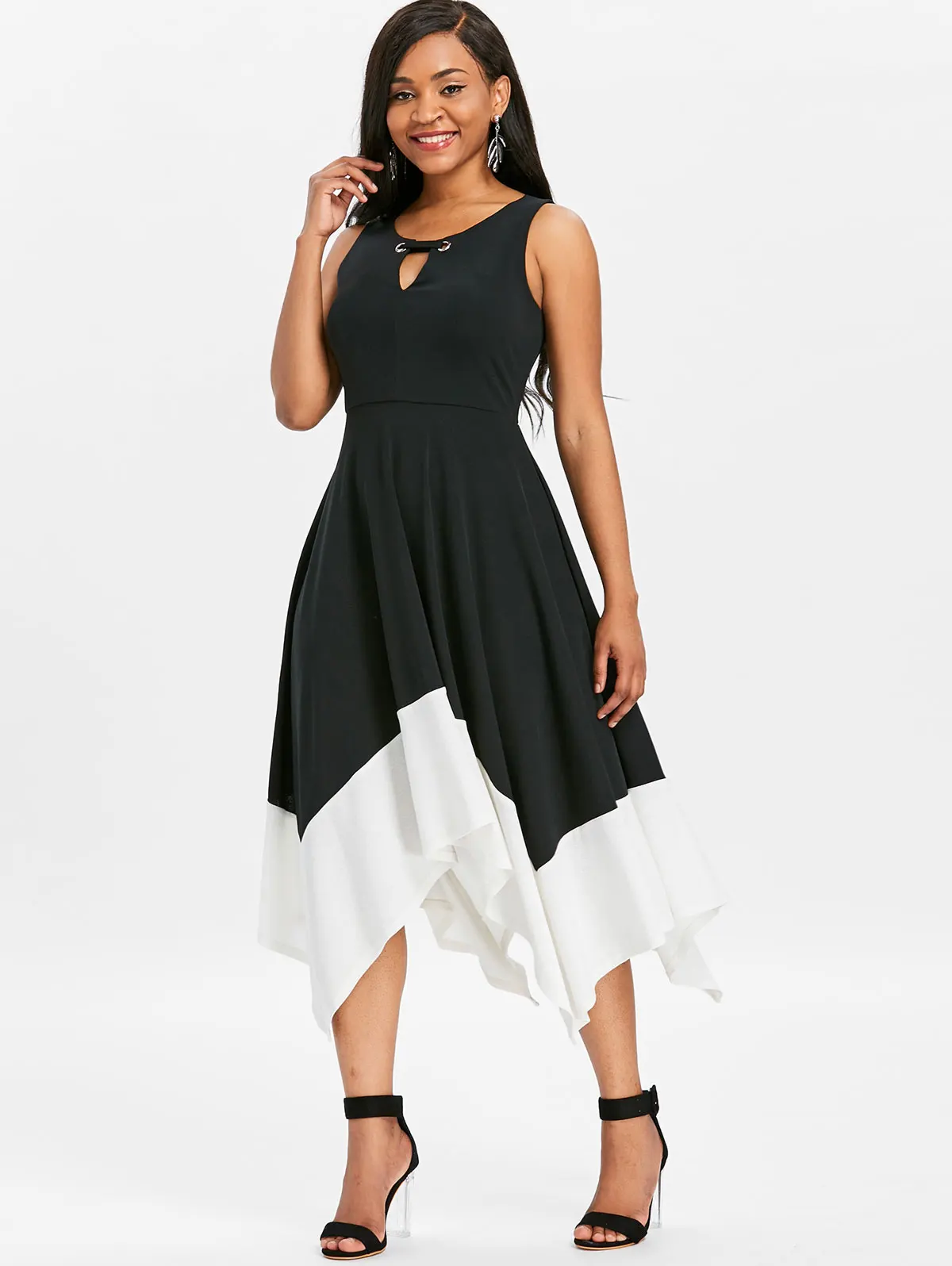 VESTLINDA Keyhole Neck Color Block White Black Handkerchief Dress Summer 2018 Asymmetrical Midi Ves