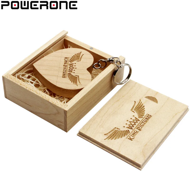 POWERONE(более 10 шт бесплатный логотип) деревянное сердце usb с коробкой USB флэш-накопитель Флешка 32 ГБ 8 ГБ 64 ГБ 16 ГБ логотип на заказ свадебные подарки