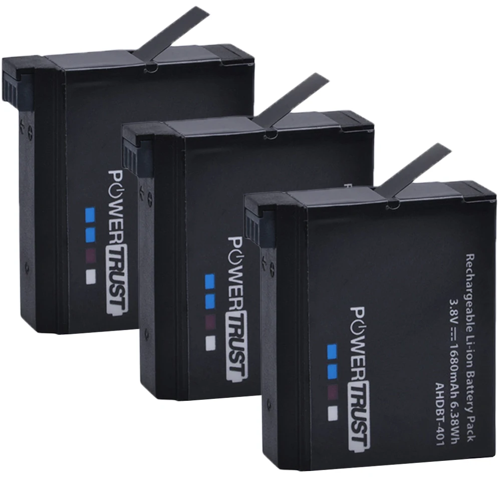PowerTrust 3Pcs 1680mAh AHDBT 401 AHDBT 401 Battery for Go Pro GoPro 4 Hero 4 action Camera