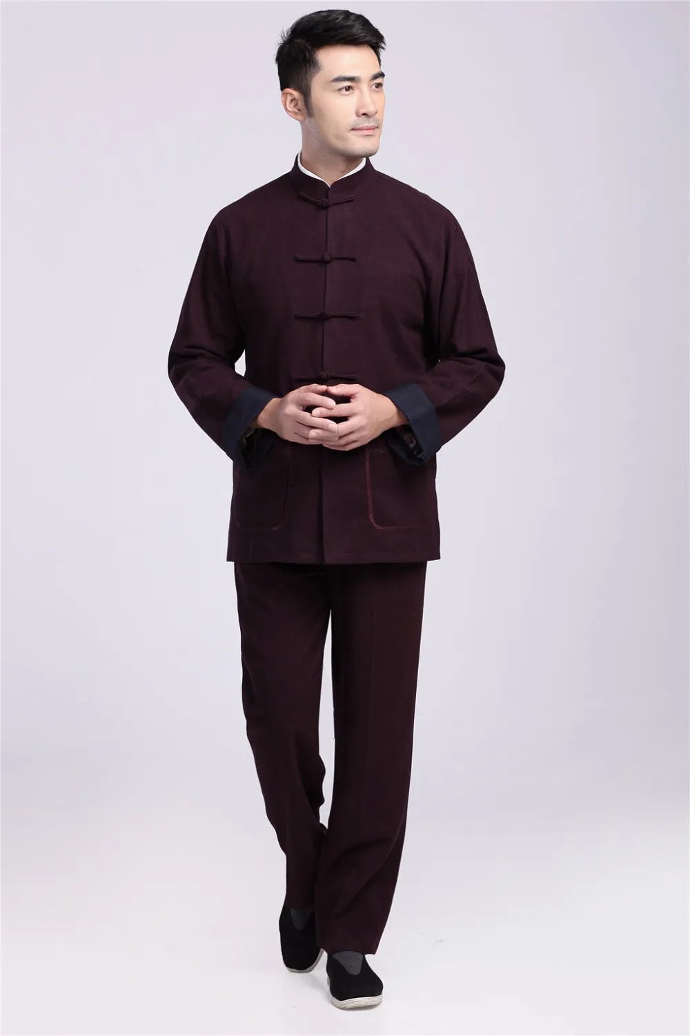 Твердые смесь шерстяные Китайский традиционный мужчины кунг-фу одежда занятий кунг-фу костюм одеть семь пряжкой тайцзи кунг-фу одежда