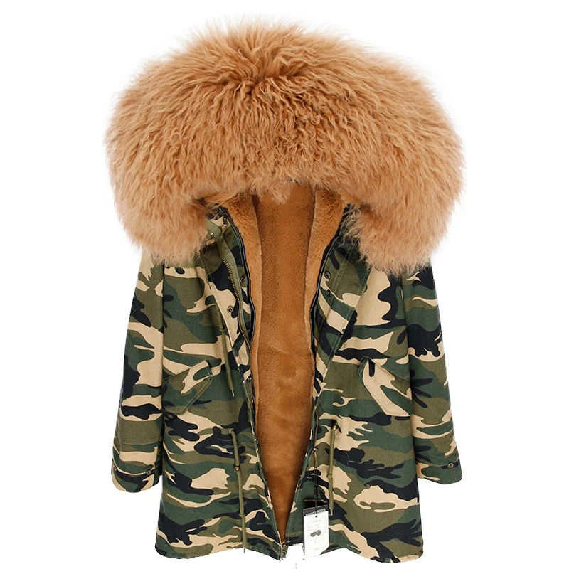 OFBUT winter jacket women real fur coat long parka natural Mongolia Sheep Fur collar hood thick warm streetwear brand new - Цвет: camouflage brown