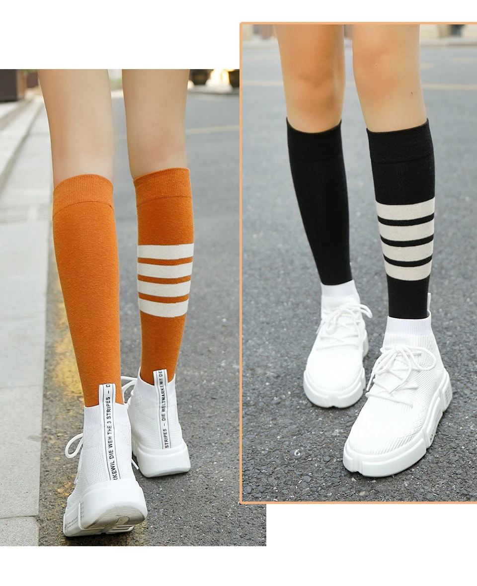 High Quality Sexy Women's Fashion Color Classic Striped Knee-Length Stockings Cotton Female New Ladies Cute Campus Student Style (11)