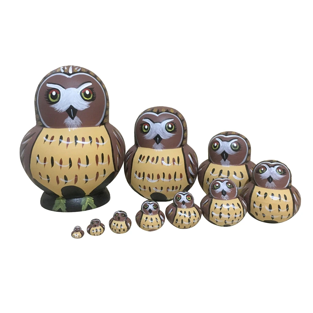 10 PCS Owl Handmade Wooden Russian Nesting Dolls Matryoshka For Kids Toy