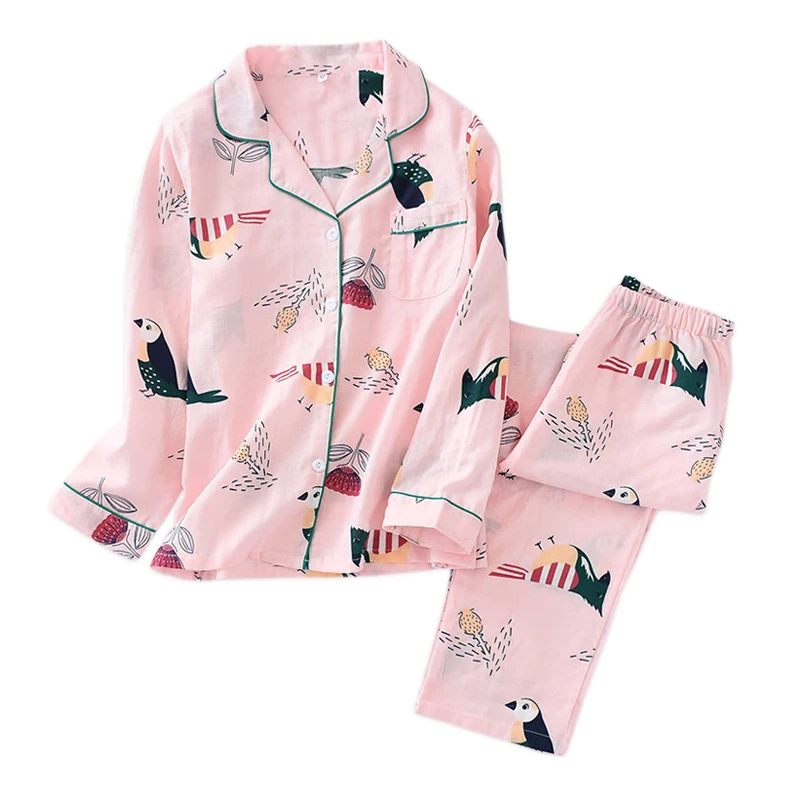 

2019 Summer Fresh pajama sets women 100% gauze cotton cartoon long sleeve casual cozy sleepwear women pyjamas