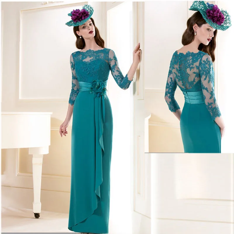 

Elegant Straight Mother of the Bride Dresses 2020 Three Quarter Sleeve Chiffon Applique Sashes Button Back Party Gowns