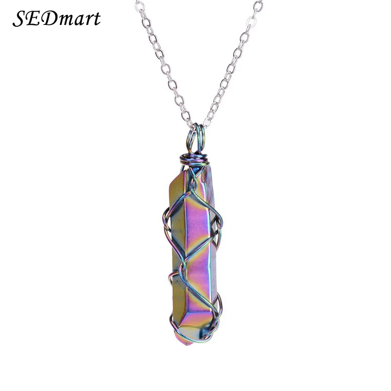 

SEDmart Rainbow Aurora Titanium Aura Quartz Necklace Chain Handmade Wire Wrapped Crystal Stone Pendant Necklace For Women