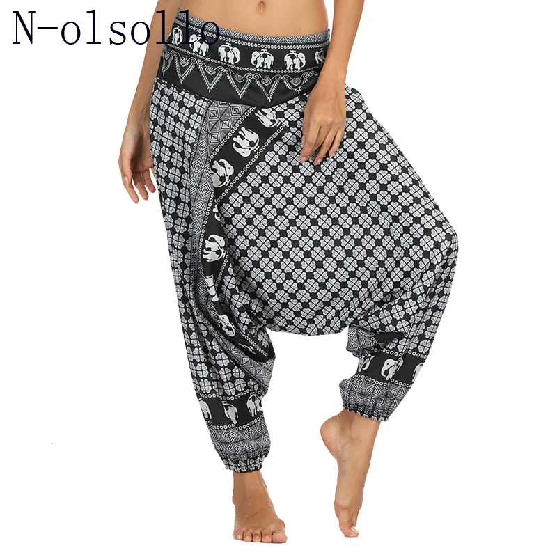 

N-olsollo Spring/Autumn New Harem Pants For Womens High Waist With Pocket Fitness Yuga Trousers Lattice Elephant Polyester Pants