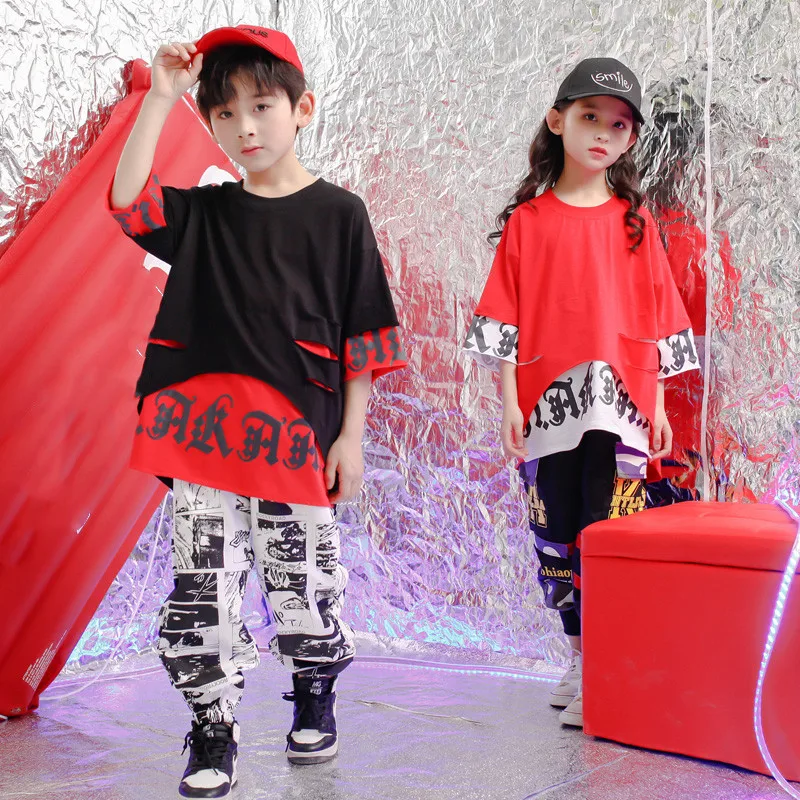 Детская одежда в стиле хип-хоп Повседневная футболка камуфляжные штаны для мальчиков и девочек Детский костюм в стиле джаз уличный танцевальный костюм