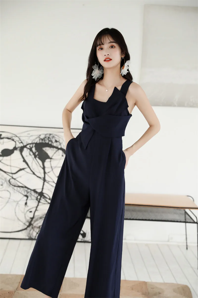 Dark Navy Летний для женщин нарядный боди спагетти бретели для нижнего белья комбинезон без рукавов широкие брюки Свободные Повседневное комбинезоны - Цвет: Dark Navy