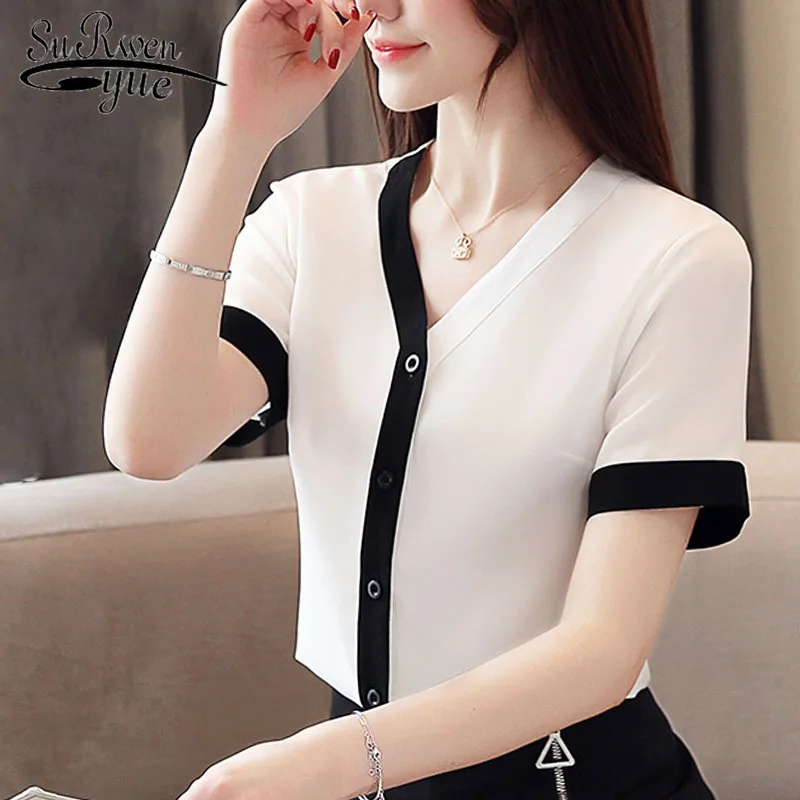 

Women blouse and tops 2019 ladies tops white blouse shirts chiffon blouse button short sleeve V-neck shirts clothes 3900 50
