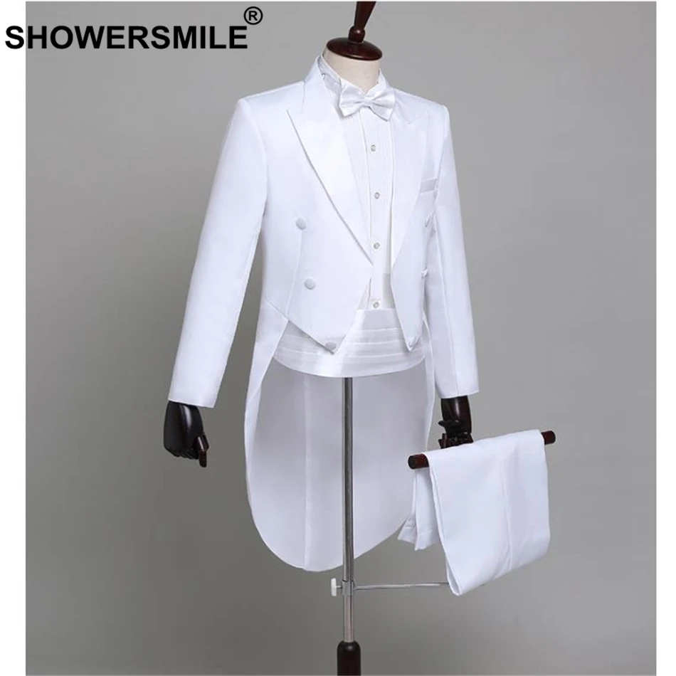 SHOWERSMILE, мужские костюмы, комплект из 4 предметов, смокинг для жениха, свадебные костюмы, белое пальто с хвостом ласточки, маги, костюмы для выступлений