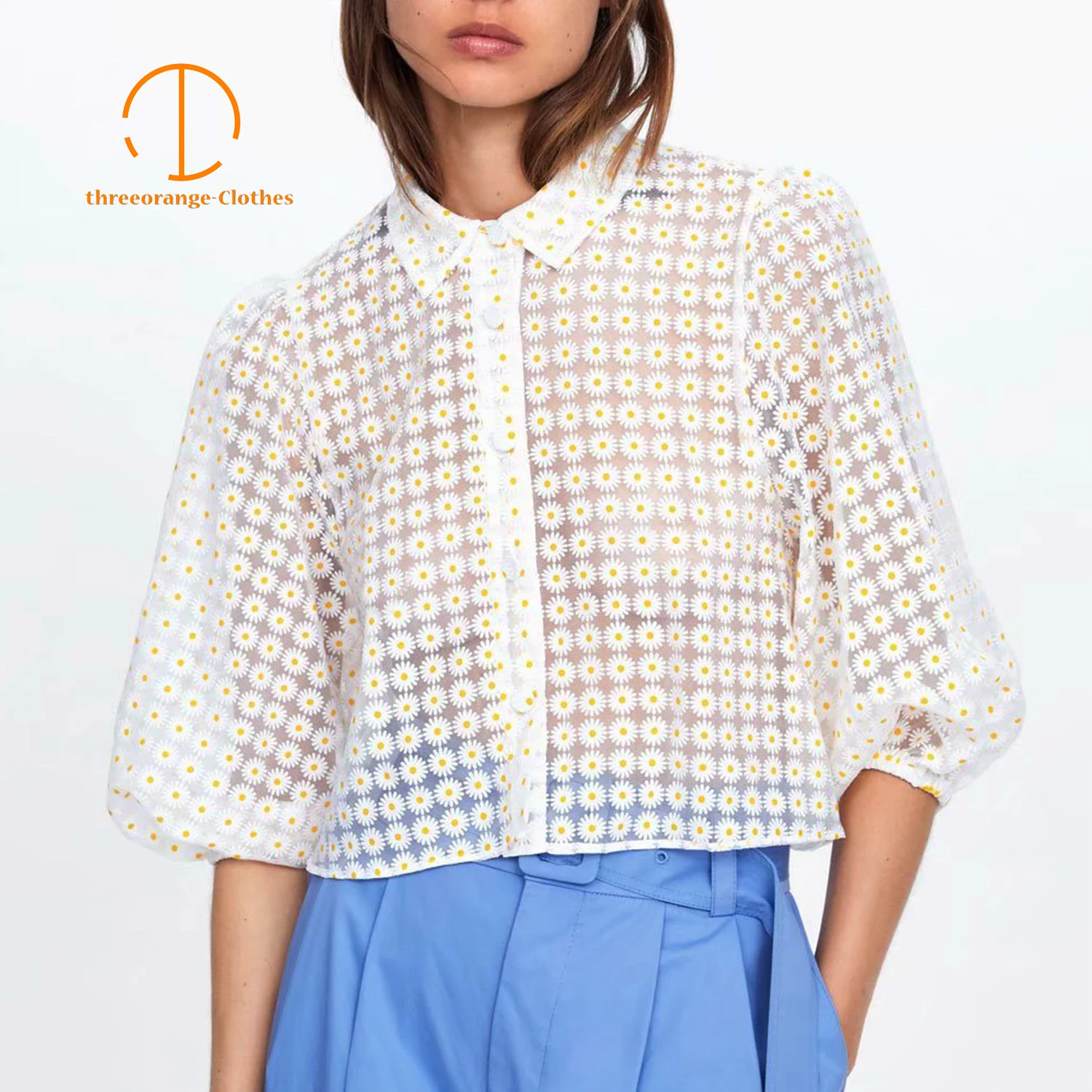 

white Tulle blouse women see through sun flower print single breasted turndown collar lantern sleeve Summer Casual Blouse blusas