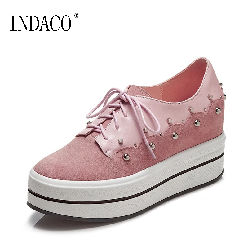 

Spring Pink Leather Platform Sneakers Rivets Height Increased Women Casual Shoes 5cm Zapatos Mujer Plataforma