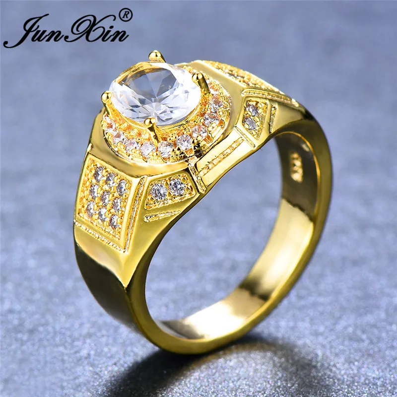 JUNXIN Vintage Male Ring 18KT Yellow Gold Filled Round White aaa Zircon Wedding Rings For Men Luxury Crystal Turkish Jewelry CZ