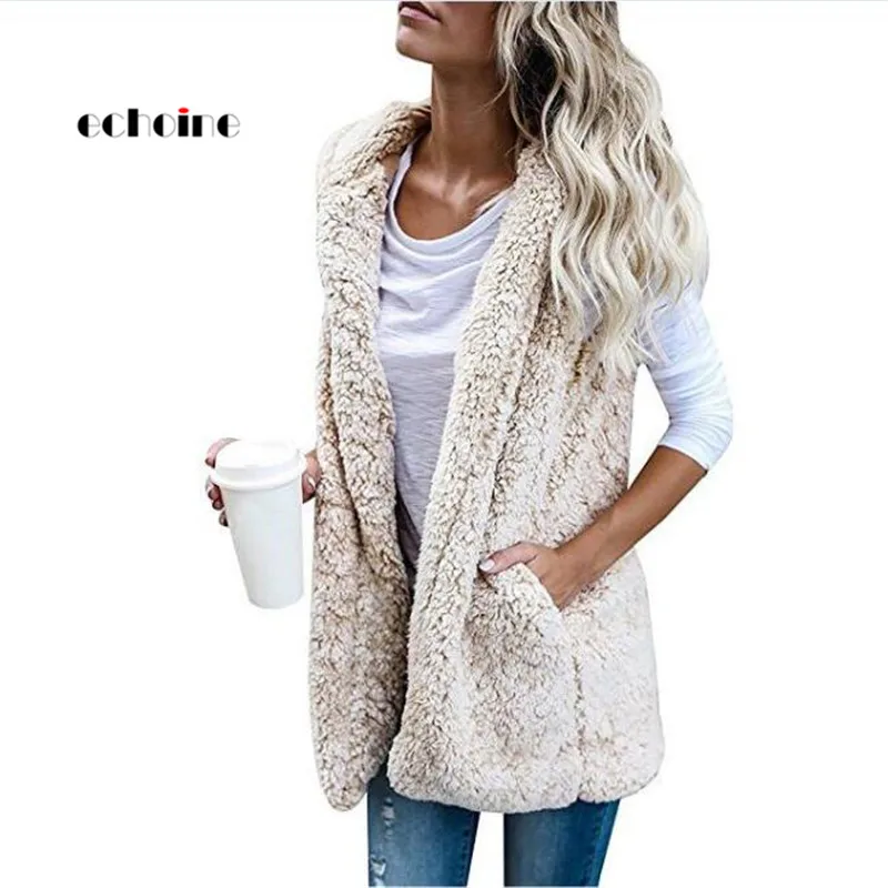 Prix Echoine femmes manteau cachemire gilet sans manches poche à capuche cou grande taille point ouvert doucement chaud gilet hiver femmes tenues