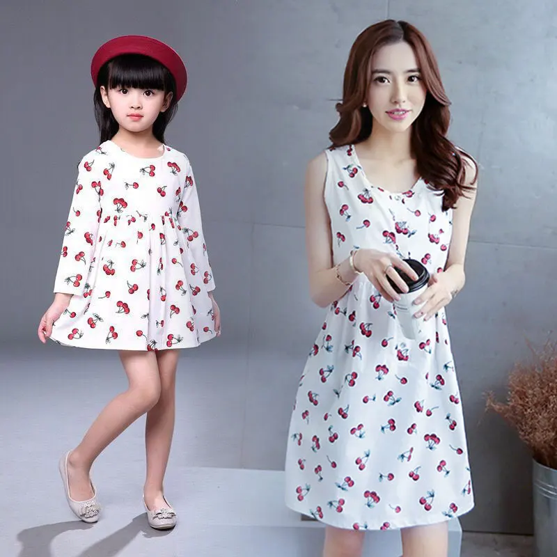 Mom And Daughter Dress Family Fitted Summer Sleeveless Cherry Print Linen Dress White Mother Daughter Dresses 2-6 Years Old цена Mom And Daughter Dress Family Fitted Summer Sleeveless Cherry Print Linen Dress White Mother Daughter Dresses 2-6 Years Old цены онлайн
