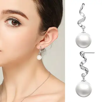 

Fashion Wavy Rhinestone Faux Pearl Long Drop Earrings Jewelry Women Valentine's Day Gift