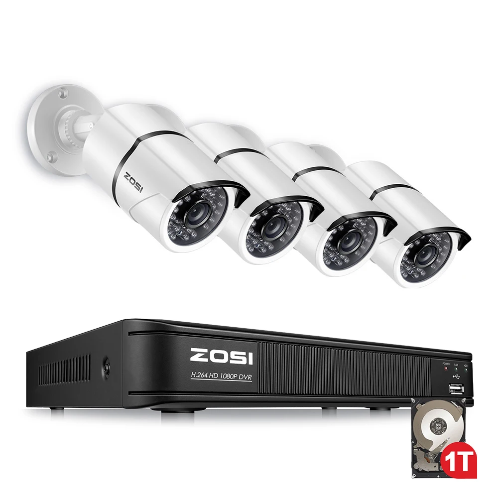 

ZOSI 4CH HD-TVI 1080P CCTV Camera Security System with 1TB HDD and (4) 2.0MP Outdoor/Indoor Day Night Vision Bullet Cameras