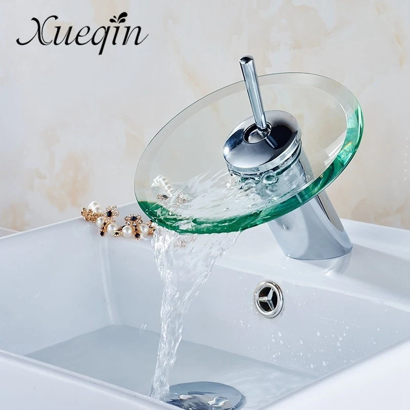 Günstige Bad Wasserfall Becken Waschbecken Mischbatterie Wasserhahn Chrom Poliert Glas Rand Wasserhahn Wasserhahn Mit Wasser Einlass Rohr