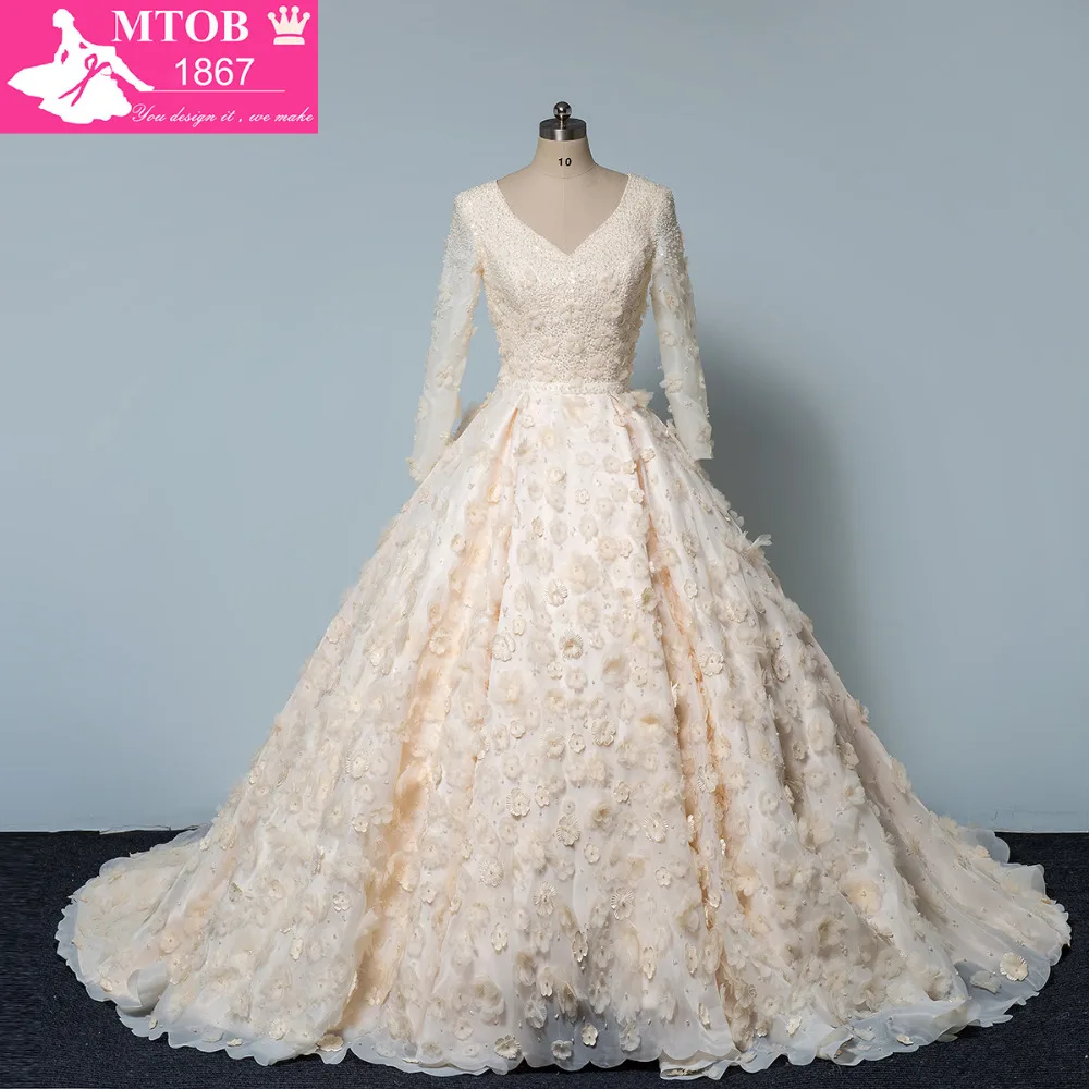 Роскошные Блестящие кристаллы Бусины свадебное платье 3D ручной работы цветок V Средства ухода за кожей шеи одежда с длинным рукавом