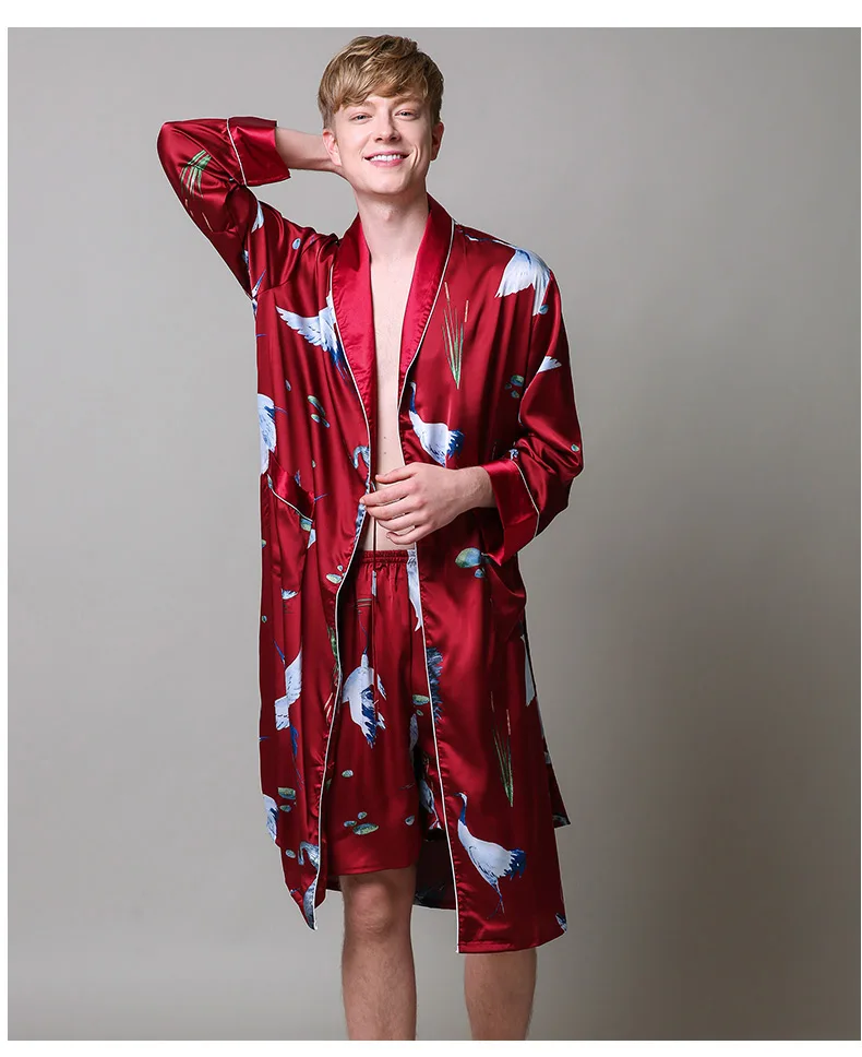 Two-Pieces Silk Nightgown Satin male Sleepwear Loose Tiger Dress Silky Long Sleeve Robe and Long Pants bathrobe set for Men mens pjs