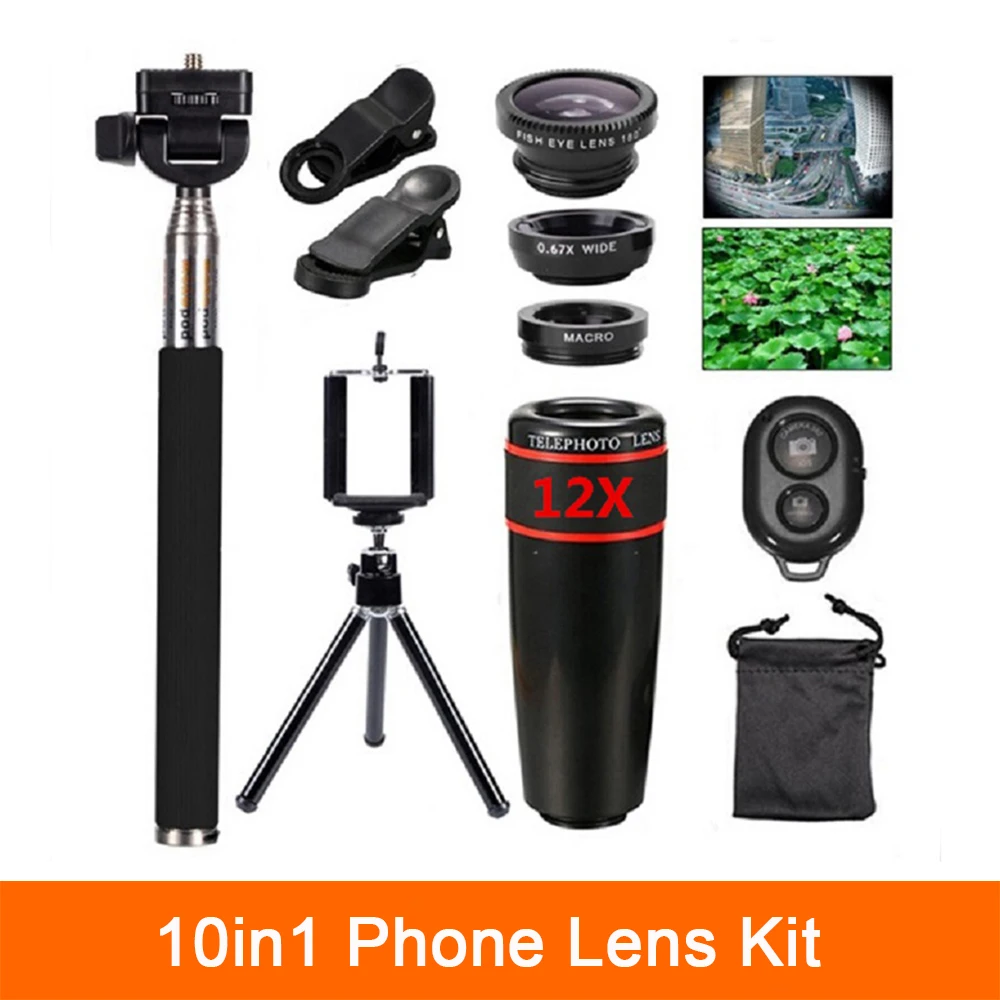 10in1 kit Lenses 12x Telephoto Lens Fisheye lens Wide Angle Macro