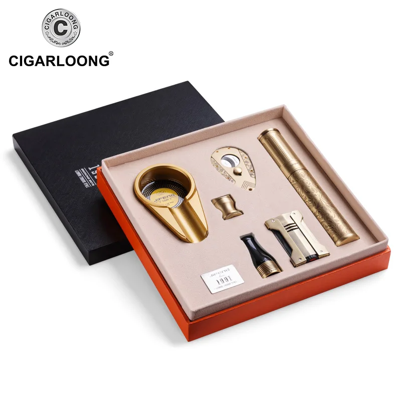 US $139.00 CLTZ115 cigar ashtray metal stainless steel cutter holder case rest Mouthpiece touch lighter gift set