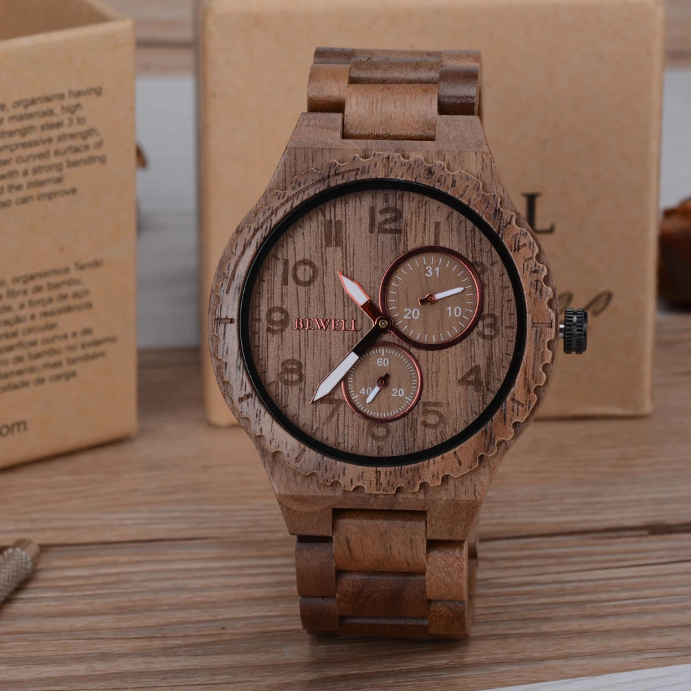 Мужские часы Bewell от ведущего бренда, Роскошные Кварцевые деревянные часы, мужские часы с секундомером и датой, светящиеся винтажные аналоговые наручные часы с таймером 154A