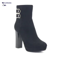 Round Toe Sexy Faux Suede Platform Women Ankle Boots 2018 Chunky Heel Buckles Black Super High Heel Shoes Fleeces Autumn Winter