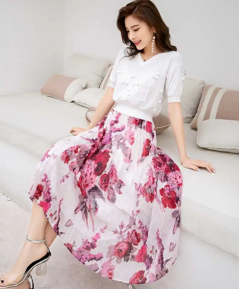 

2019 summer fashion Women V-neck Knitting Sweater + High Waist Skirt Two Piece Female Casual Long Skirt Set ensemble femme