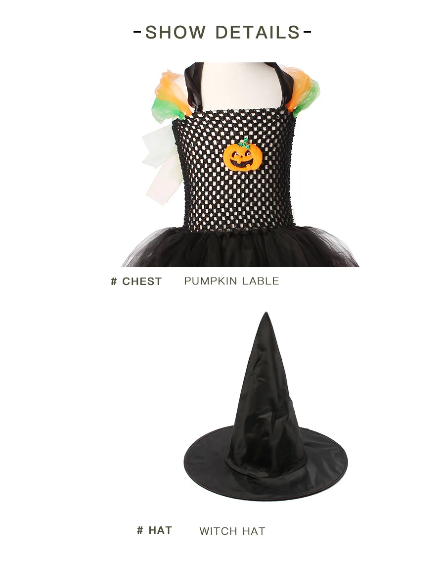 Pumpkin Pattern Girls Halloween Tutu Dress with Witch Hat Colorful Polka Dot Baby Girl Dress Kids Witch Costume Photo Party (10)