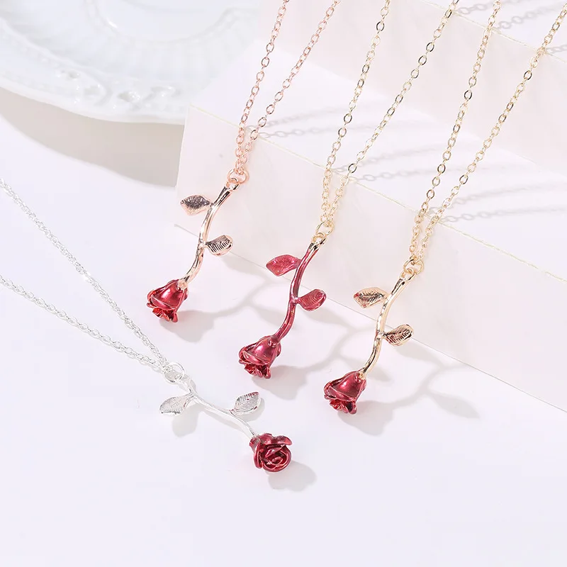 

2019 New Arrival Spring Red Rose Flower Pendant Necklace Choker Beauty Jewelry for Women Accessories Gifts Bijoux 4color choose