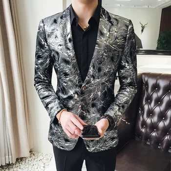 

Blazer Men Four Seasons New Royal British Style Plus Size Silver Fashion Youth Casual Round Hem Night Banque Bazer Masculino