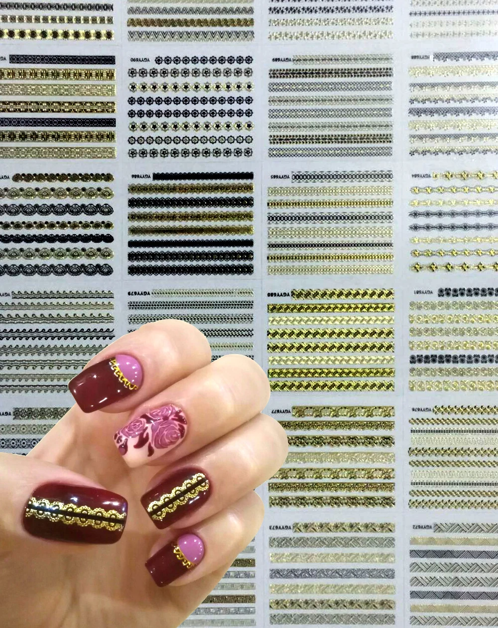 

24 Sheets Ultrathin (24pcs in one ) 3D Nail Stickers Stripe/Love Heart Transfer Decal Gold Color Adhesive Nail Art Decorations
